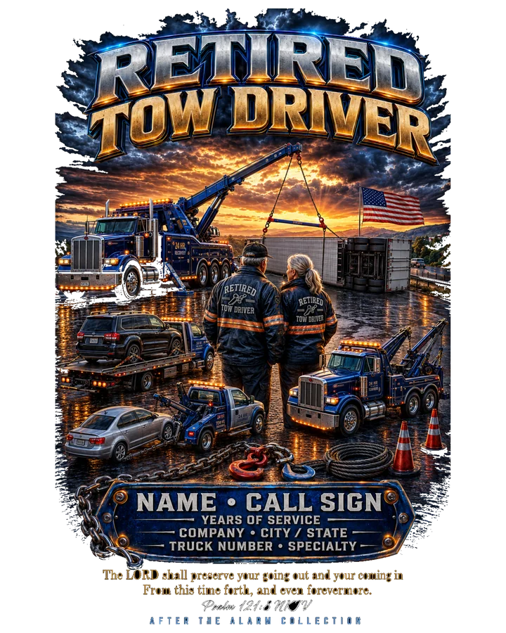 Retired Tow Driver Tribute Shirt full back design